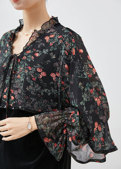 Black Print Ruffled Patchwork Velour Chiffon Shirt Spring