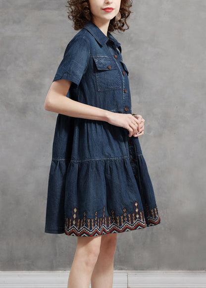 Simple Blue Button Pocket Peter Pan Collar Cotton Vacation Dresses Short Sleeve
