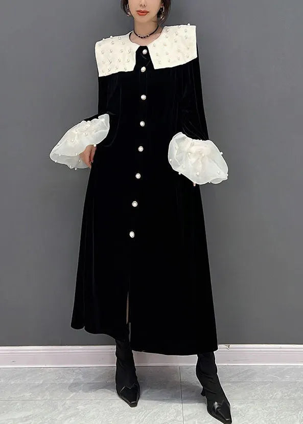 Black Peter Pan Collar Patchwork Nail Bead Silk Velour Dresses Spring