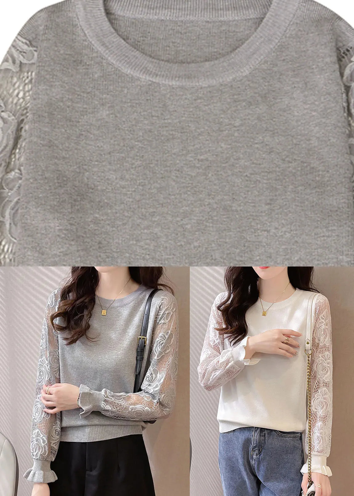 White O-neck Hollow Out Tops Long Sleeve