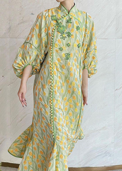 Yellow Green Embroidered Button Silk Maxi Dresses Spring