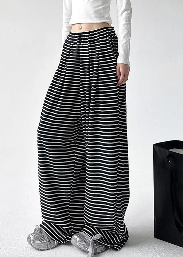 Black White Striped Elastic Waist Wide Leg Pants Spring