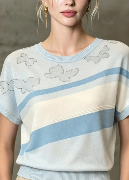 Modern Light Blue O Neck Zircon Thin Knit T Shirt Summer