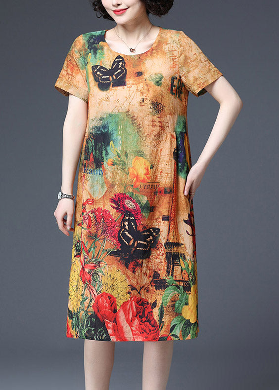 Butterfly Print O-neck Cotton Dress Short Sleeve