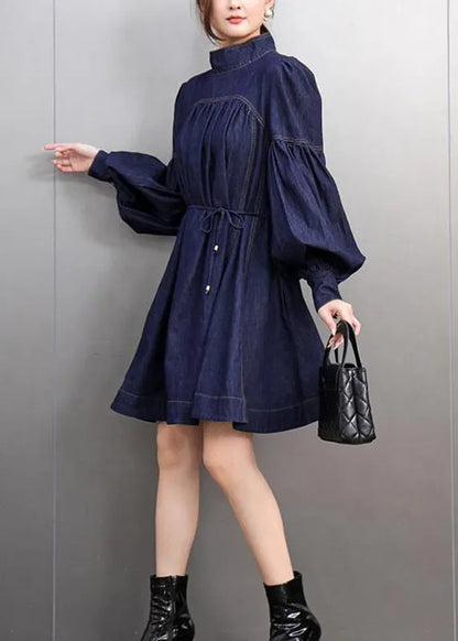 Natural Navy Bow Patchwork Denim Mid Dress Lantern Sleeve