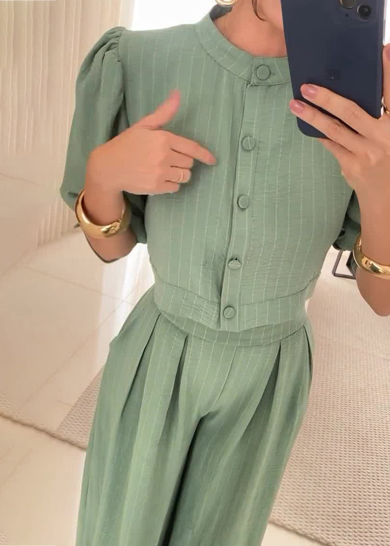 Army Green Button Pockets Cotton Two Piece Set Half Sleeve