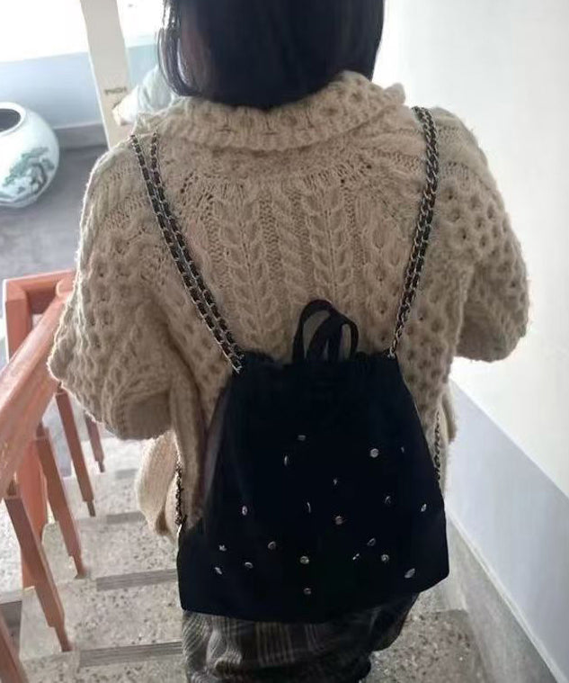 Black Velour Gem Stone Patchwork Faux Leather Backpack Bag
