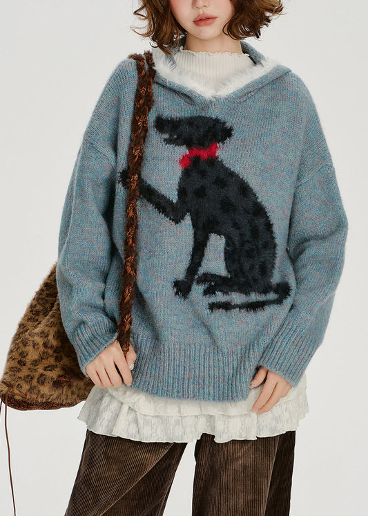 Blue Jacquard Patchwork Knit Hooded Sweater Spring