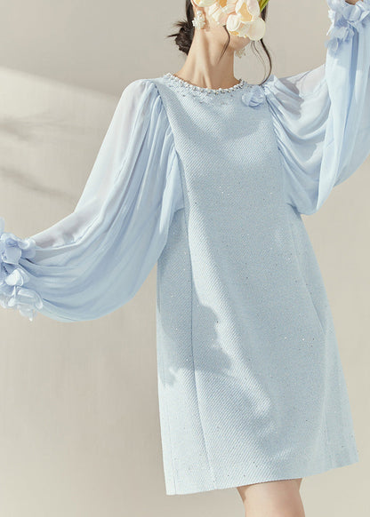 Blue O-neck Patchwork Zircon Mid Dress Lantern Sleeve
