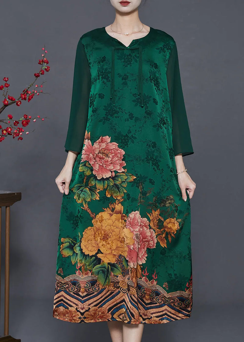 Green Silk Holiday Dress Tasseled Chinese Button Summer