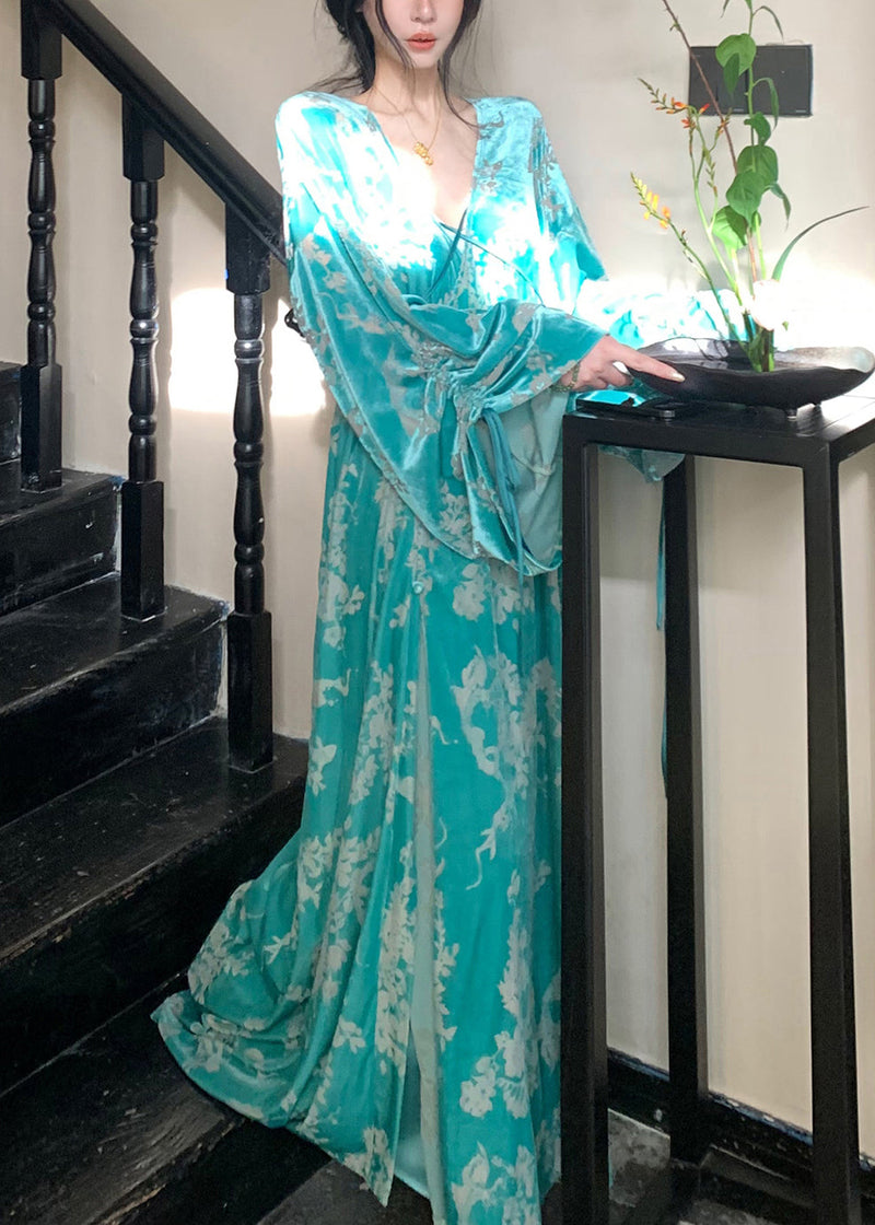 New Blue Lace Up Side Open Silk Velvet Two Piece Set Fall