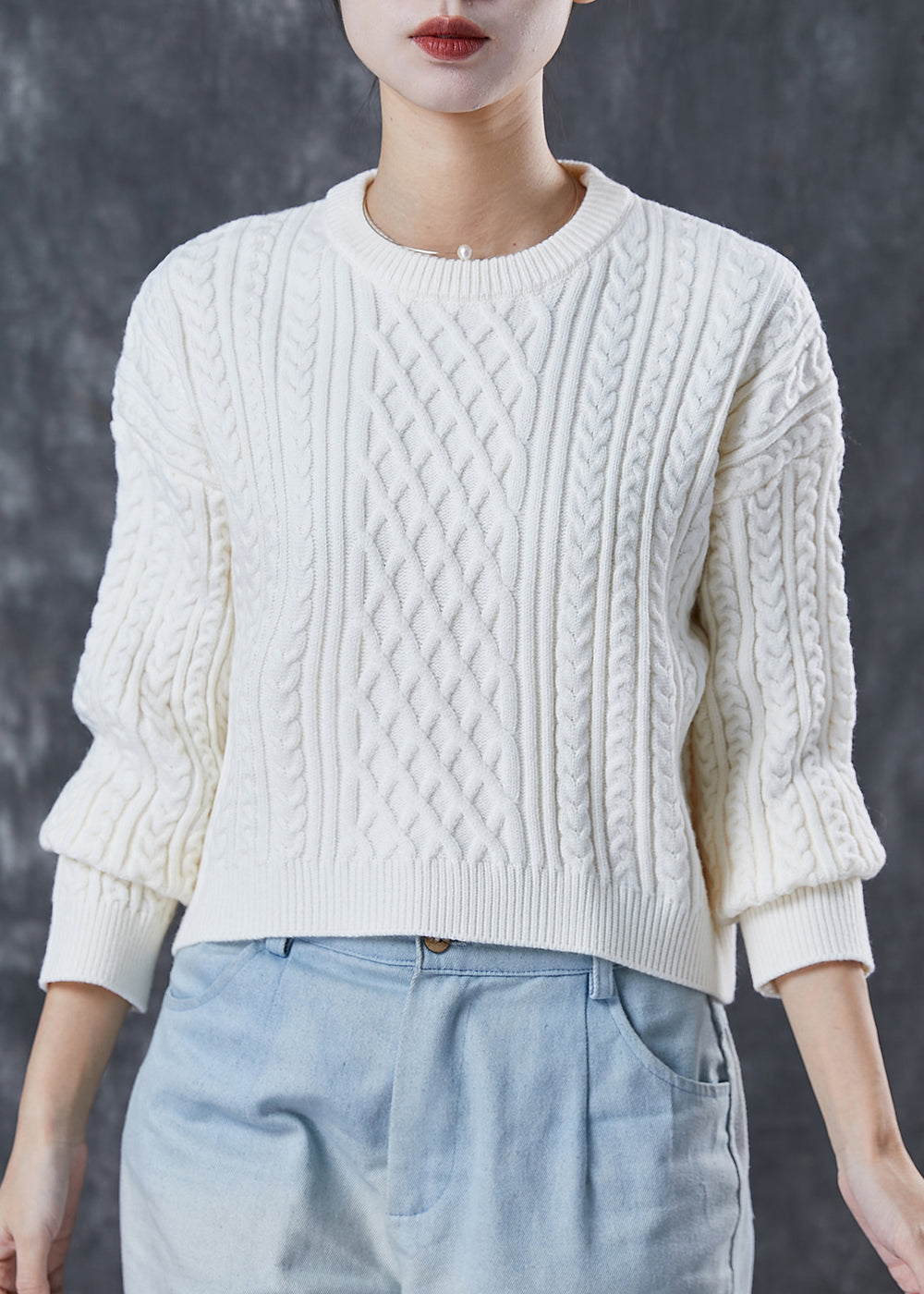 White Warm Cable Knit Pullover Winter