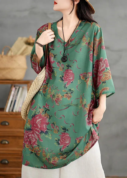 Green V Neck Print Cotton Mid Dress Summer