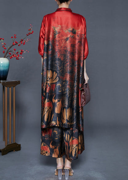 Red Oversized Print Silk Two Piece Set Outfits Fall