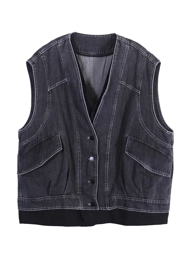 Dark Gray V Neck Patchwork Button Fake Two Pieces Denim Waistcoat Sleeveless