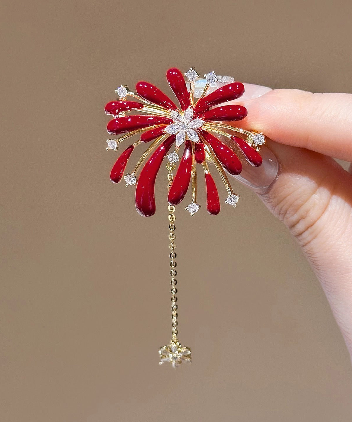 New Year Red Copper Overgild Zircon Fireworks Tassel Hairpin