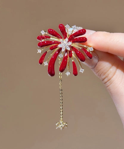 New Year Red Copper Overgild Zircon Fireworks Tassel Hairpin