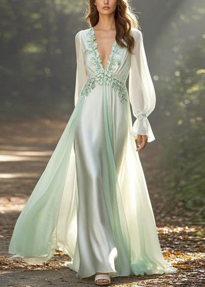 Light Green V Neck Front Open Chiffon Long Dress Fall