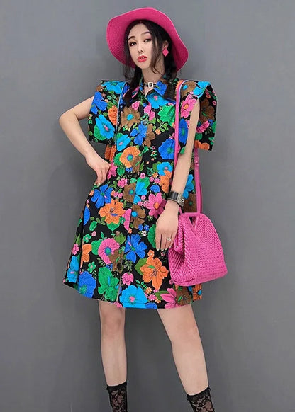 Red Peter Pan Collar Print Button Mid Dress Short Sleeve