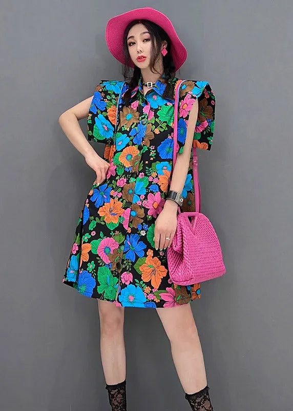 Red Peter Pan Collar Print Button Mid Dress Short Sleeve