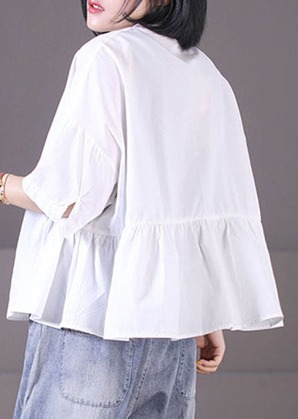 Khaki Peter Pan Collar Asymmetrical Design Patchwork Wrinkled Cotton Shirt Tops Short Sleeve
