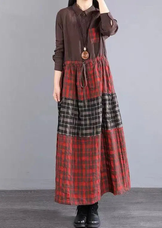 Chocolate Peter Pan Collar Button Tie Waist Plaid Linen Holiday Dress Long Sleeve