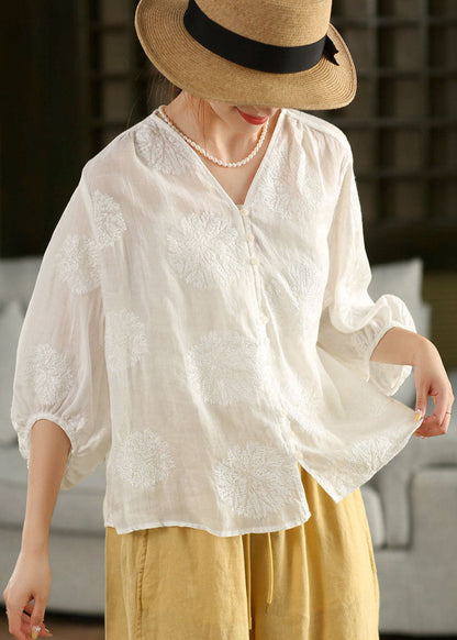 Pink V Neck Embroidered Linen Shirt Top Lantern Sleeve