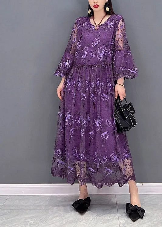Purple O-neck Ruffled Print Lace Long Dress Lantern Sleeve
