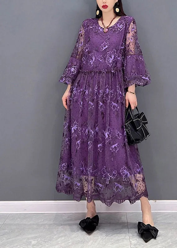 Purple O-neck Ruffled Print Lace Long Dress Lantern Sleeve