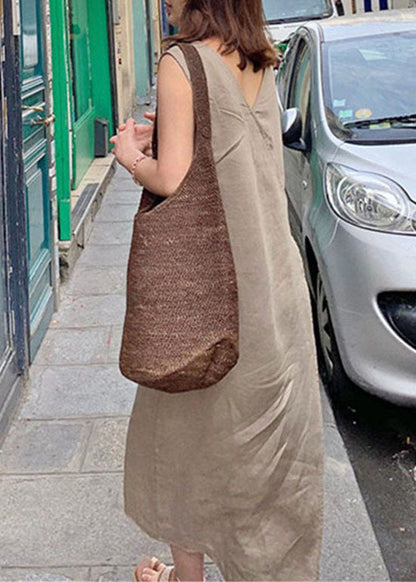 French Camel Asymmetrical Linen Long Dress Sleeveless Summer
