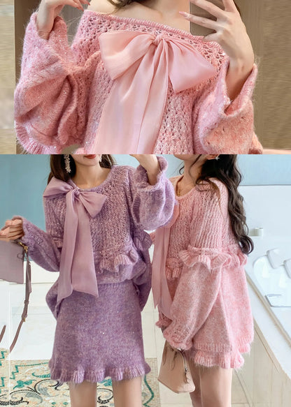 Pink Patchwork Knit Two Pieces Set Ruffled Bow Spring