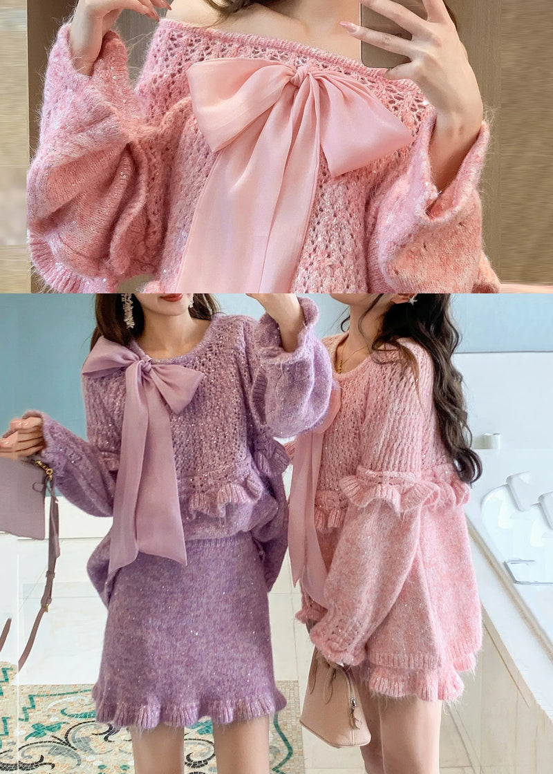 Purple Ruffled Bow Knit Two Pieces Set Spring