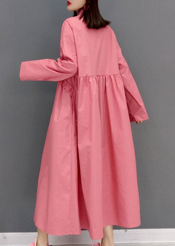 Modern Pink Peter Pan Collar Wrinkled Shirt Dress Long Sleeve