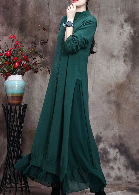 Green Stand Collar Asymmetrical Design Fall Knit Sweater Dress