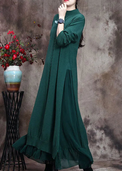 Green Stand Collar Asymmetrical Design Fall Knit Sweater Dress