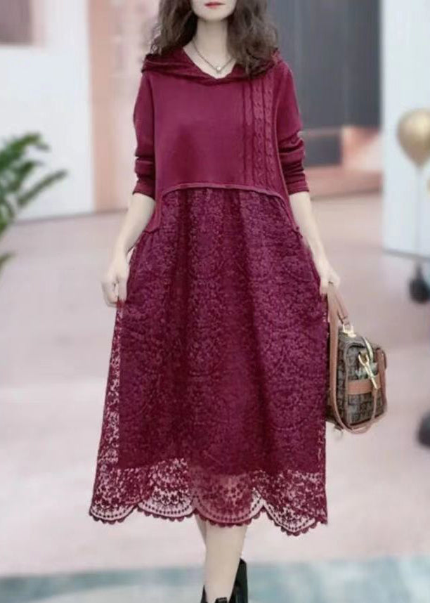 Rose Hooded Patchwork Lace Long Dresses Fall