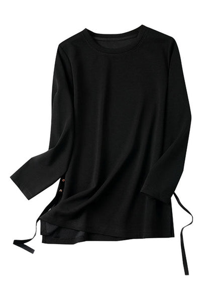 French Black O-neck Side Open Zircon Tops Long Sleeve