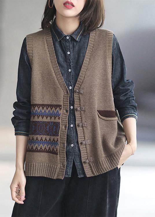 Oversized Khaki Knitted Top V Neck Sleeveless Loose Fitting Knitted Blouse
