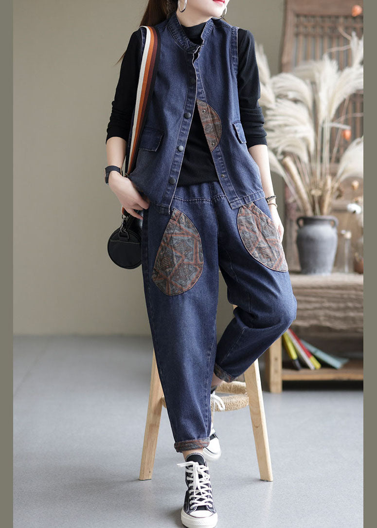 Handmade Blue Patchwork Denim Two Piece Set Outfits Sleeveless