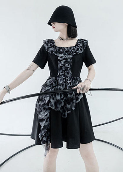 Black Square Collar Ruffled Patchwork Print Pleated Dress Short Sleeve
