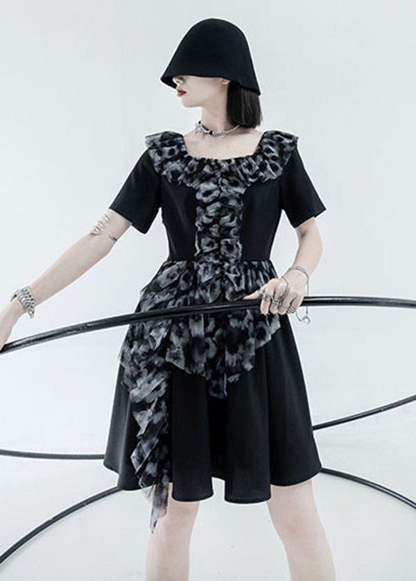 Black Square Collar Ruffled Patchwork Print Pleated Dress Short Sleeve