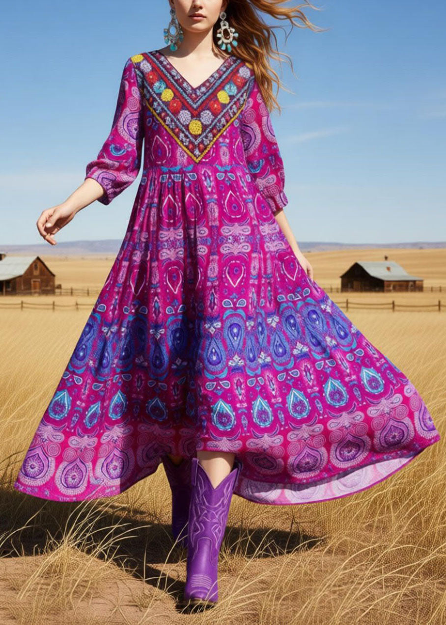 New Rose V Neck Print Cotton Long Dresses Summer