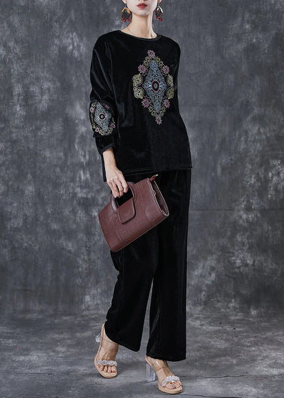 Loose Black O-neck Embroideried Silk Velour Two Piece Suit Set Spring