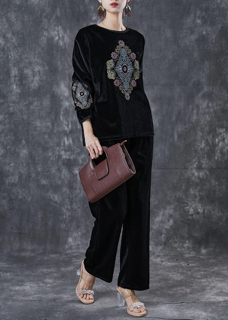 Loose Black O-neck Embroideried Silk Velour Two Piece Suit Set Spring