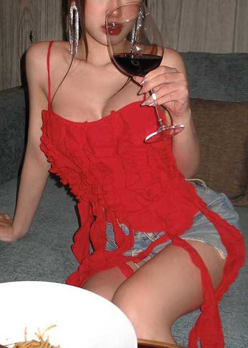 Red Asymmetrical Cotton Spaghetti Strap Tank Sleeveless