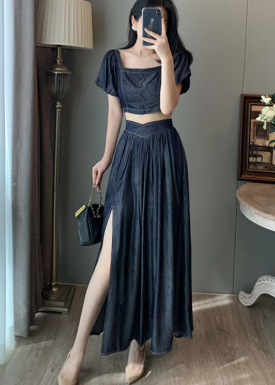 Navy Square Collar Side Open Denim Two-piece Set Summer