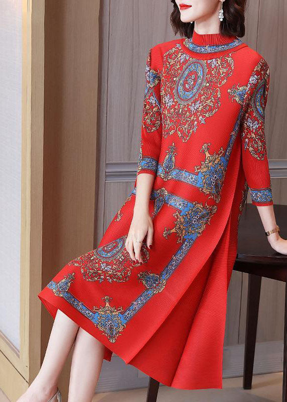 Red Stand Collar Wrinkled Print Silk Long Dresses Vestidos Bracelet Sleeve