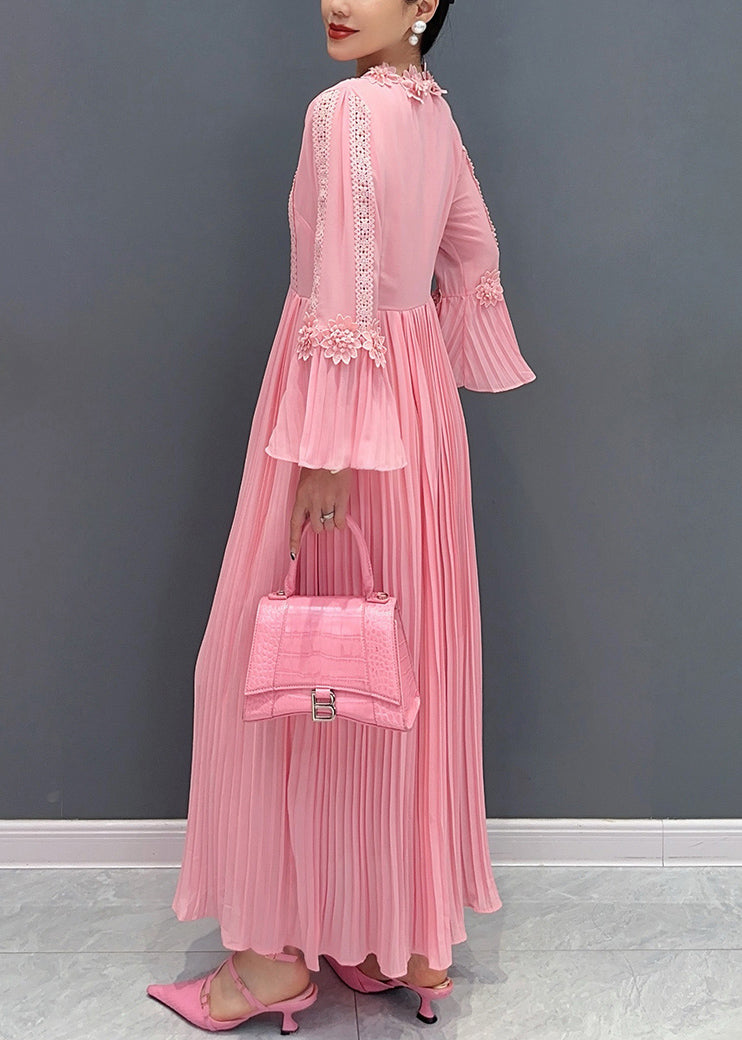 Pink Wrinkled Lace Patchwork Maxi Dress Flare Sleeve