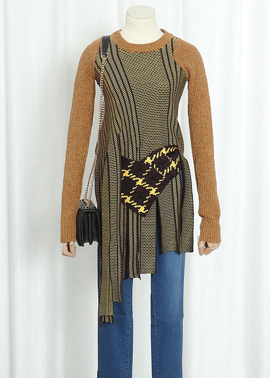 Unique Yellow O-neck Asymmetrical Patchwork Knit Tops Fall