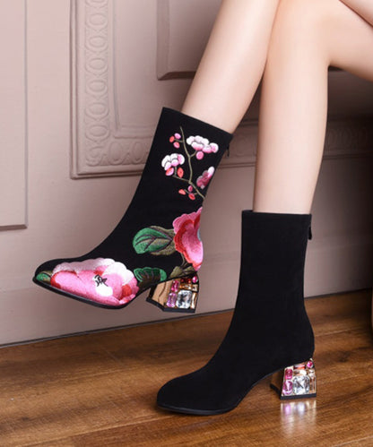 Retro Black Suede Chunky Embroidery Boots